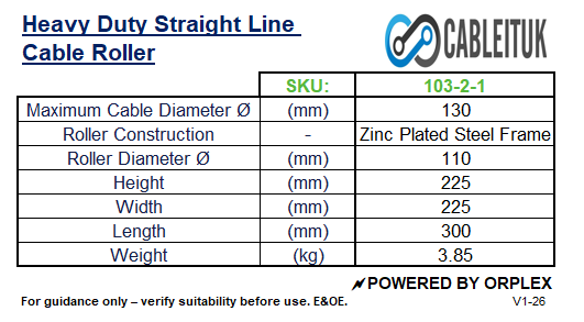Product specifications for a Cableituk Heavy Duty Straight Line Cable Roller