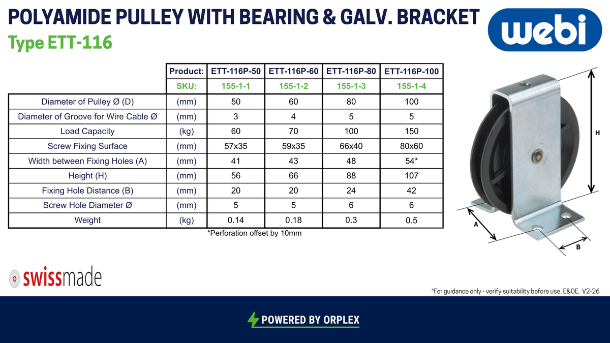 Technical Specification table for Webi ETT-116P Black Polyamide Pulley with Galvanised steel bracket