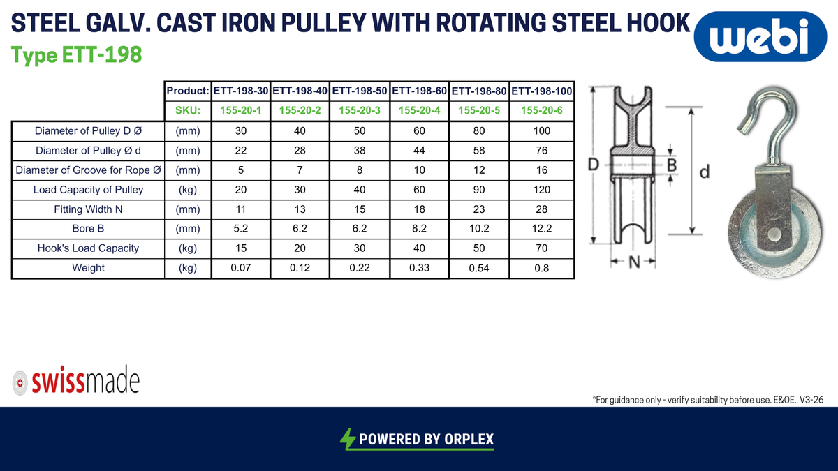 Technical Specification Table with Dimensions Diagram for WEBI Steel Galvanised Cast Iron Pulley with Rotating Hook, Type ETT-198
