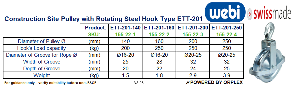 Technical Specifications Table for WEBI Construction Site Pulley with Rotating Steel Hook, Type ETT-201