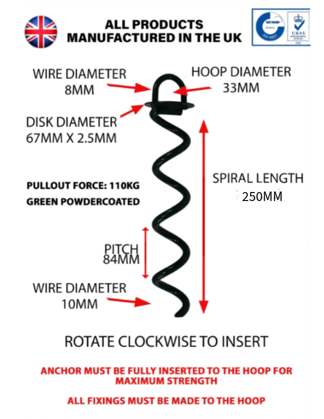 Specification for 250mm Green Powder coated Ground anchor by RiggFix