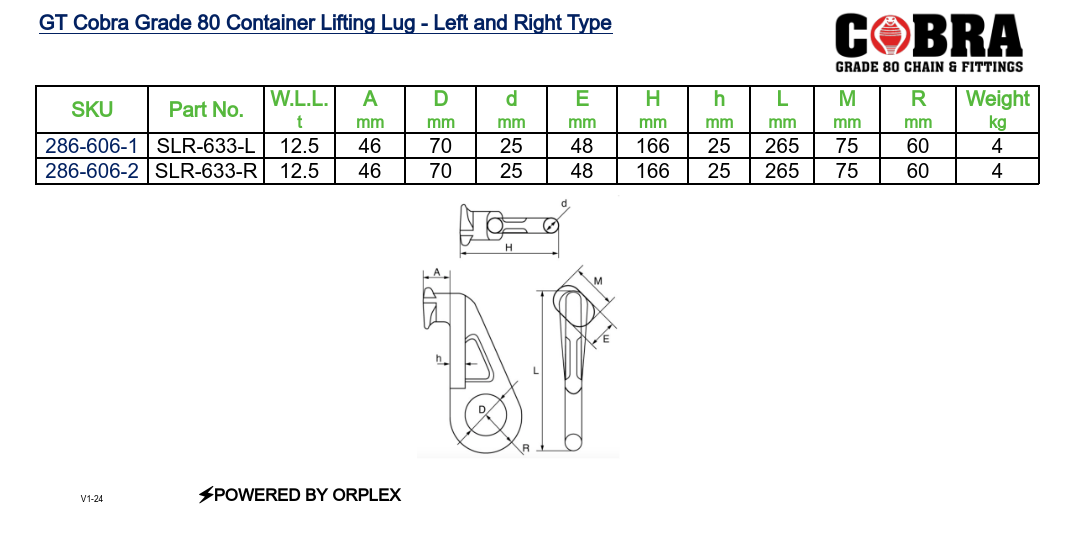 GT Cobra Grade 80 Container Lifting Lugs (2 Left & 2 Right)