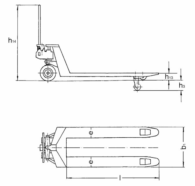 Technical Drawing of Pfaff HU FBTP Proline Hand Pallet Truck with Dimensions Labelled