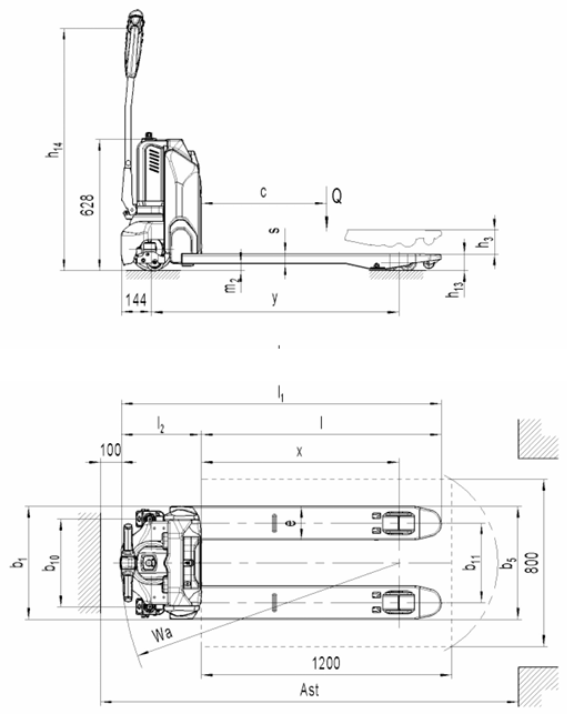 Technical Drawing of Pfaff EGU 15 E Li-Ion Electric pallet Truck with dimensions labelled
