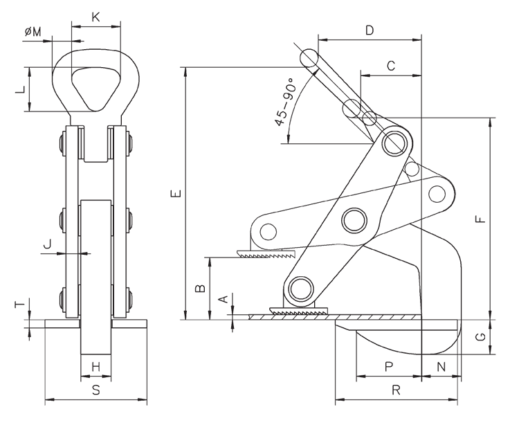 Technical Drawing with Dimensions Labelled of Yellow and Black Camlok WH Horizontal Plate Clamp with Serrated Steel Plates