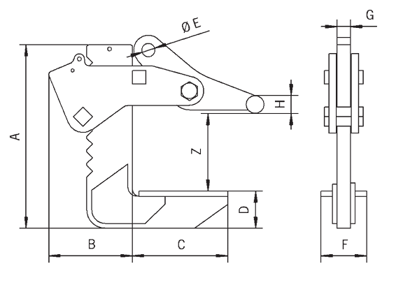 Technical Drawing with Dimensions Labelled of Yellow Camlok ACH Adjustable Horizontal Plate Clamp