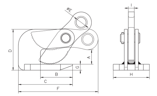Technical Drawing with Dimensions Labelled of Yellow Camlok THK Thin Sheet Horizontal Plate Clamp