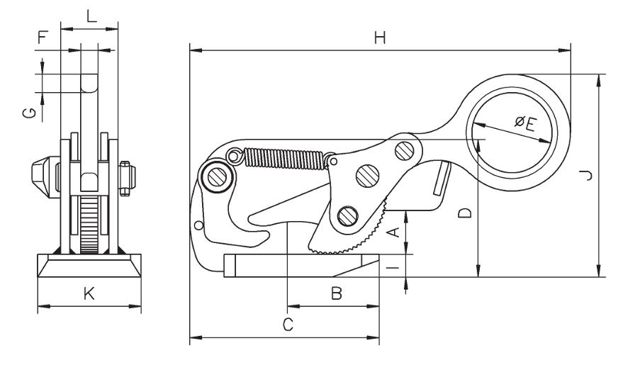 Technical Drawing with Dimensions Labelled for Yellow Camlok THS Loading Horizontal Plate Clamp