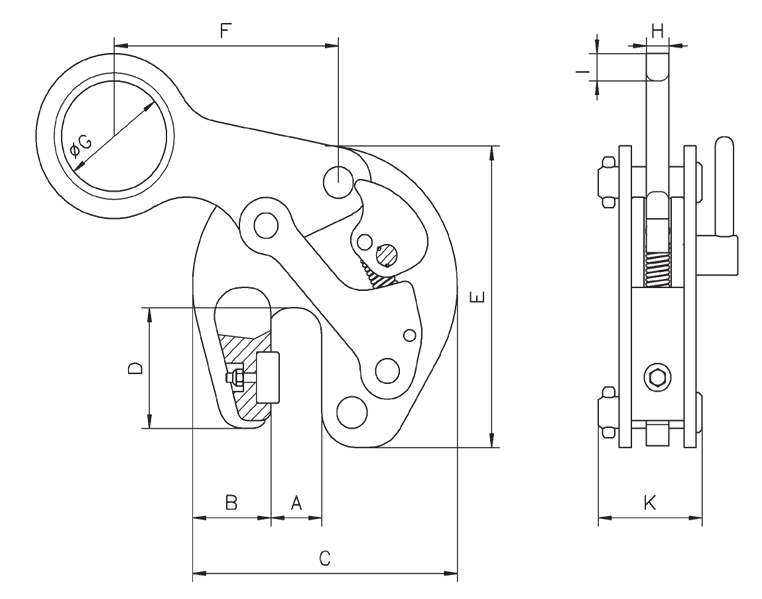 Technical Drawing with Dimensions Labelled of Yellow and Black Camlok TTR Girder Grab for Vertical Transport