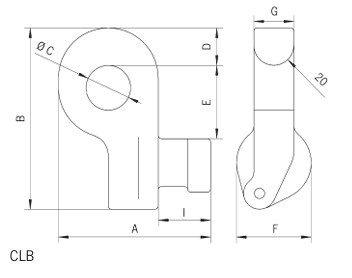 Technical Drawing with Dimensions Labelled for Yellow Camlok CLB Horizontal Container Lifting Lug