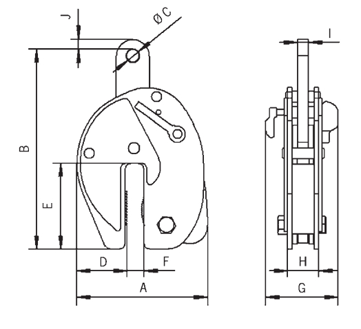 Technical Drawing with Dimensions labelled of Yellow Camlok PP Pile Pulling Clamp