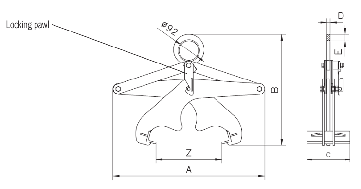 Technical drawing with dimensions labelled of Yellow Camlok TPR Profile Steel Grab