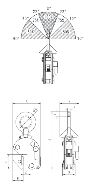 Technical Drawing with Dimensions Labelled of Yellow and Black Camlok CY Hinged Vertical Plate Clamp