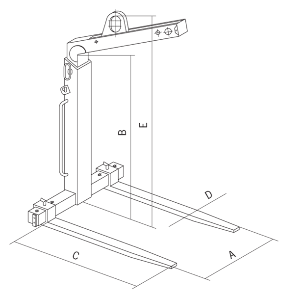 Technical drawing showing dimensions labelled of Yellow and Black Camlok TKG-VHS Self-Balance Crane Forks