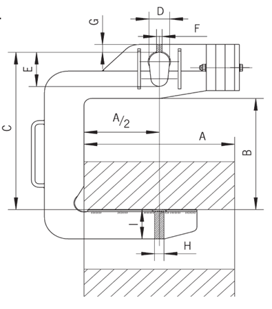Technical Drawing showing dimensions labelled for Yellow Camlok TCK Single Arm C-Hook