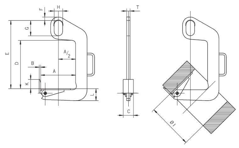 Technical drawing showing dimensions labelled for Yellow Camlok TCS Turning Hook