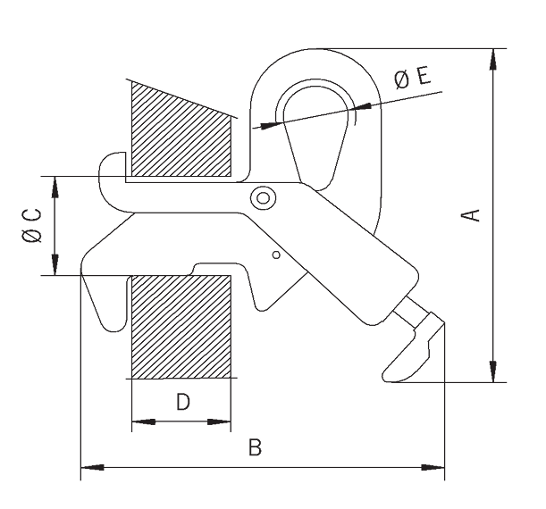 Technical Drawing with Dimensions Labelled of Yellow and Black Camlok DL5 Cable Drum Lug with Locking Lever