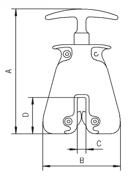 Technical drawing showing dimensions labelled for Camlok HGC Hand Grip Clamp