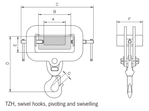 Technical Drawing showing dimensions labelled for Yellow and Black Camlok TZH Adjustable Single Tine Hook
