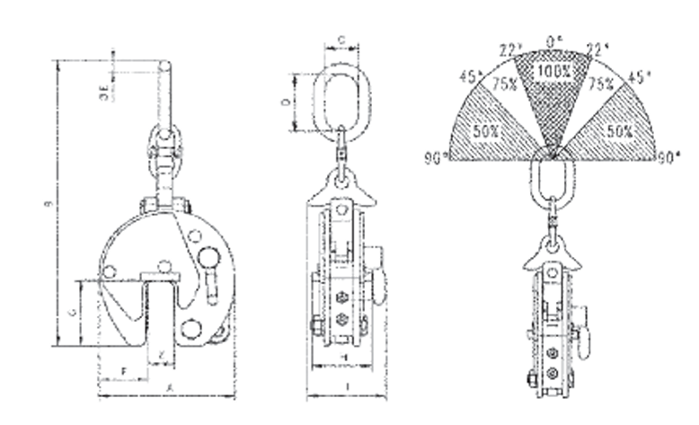 Technical Drawing with Dimensions Labelled of Yellow and Black Camlok CX Side Loading Vertical Plate Clamp