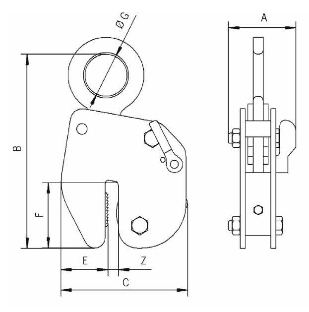 Technical Drawing with Dimensions Labelled for Yellow and Black Camlok HG High Grip Vertical Plate Clamp
