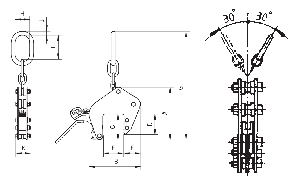 Technical Drawing with Dimensions Labelled of Yellow and Black Camlok TAG/TWG Wide Jaw Vertical Plate Clamp