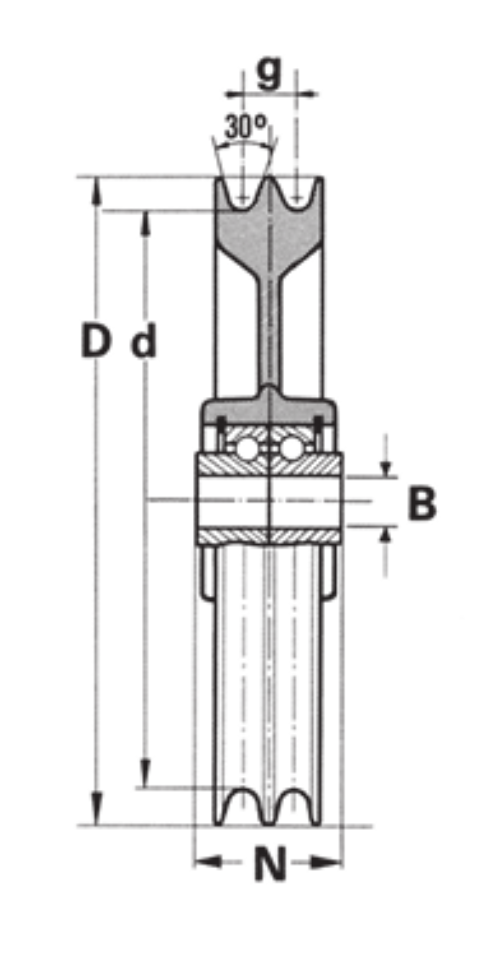 Technical Drawing of WEBI Galvanised Cast Iron Double Groove Pulley, Type ETT-74D
