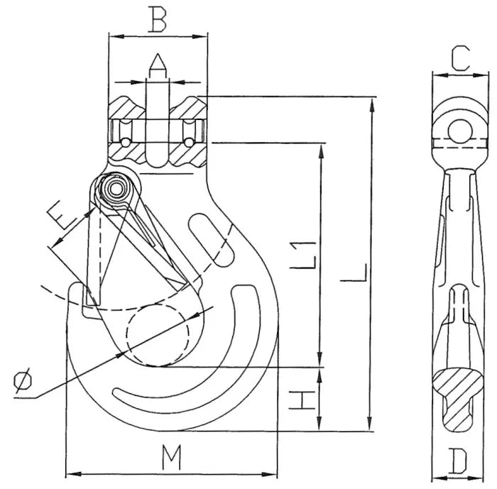 Grade 80 Clevis Sling Hook with Safety Catch - Yellow Finish Main Dimensions from RiggingUK