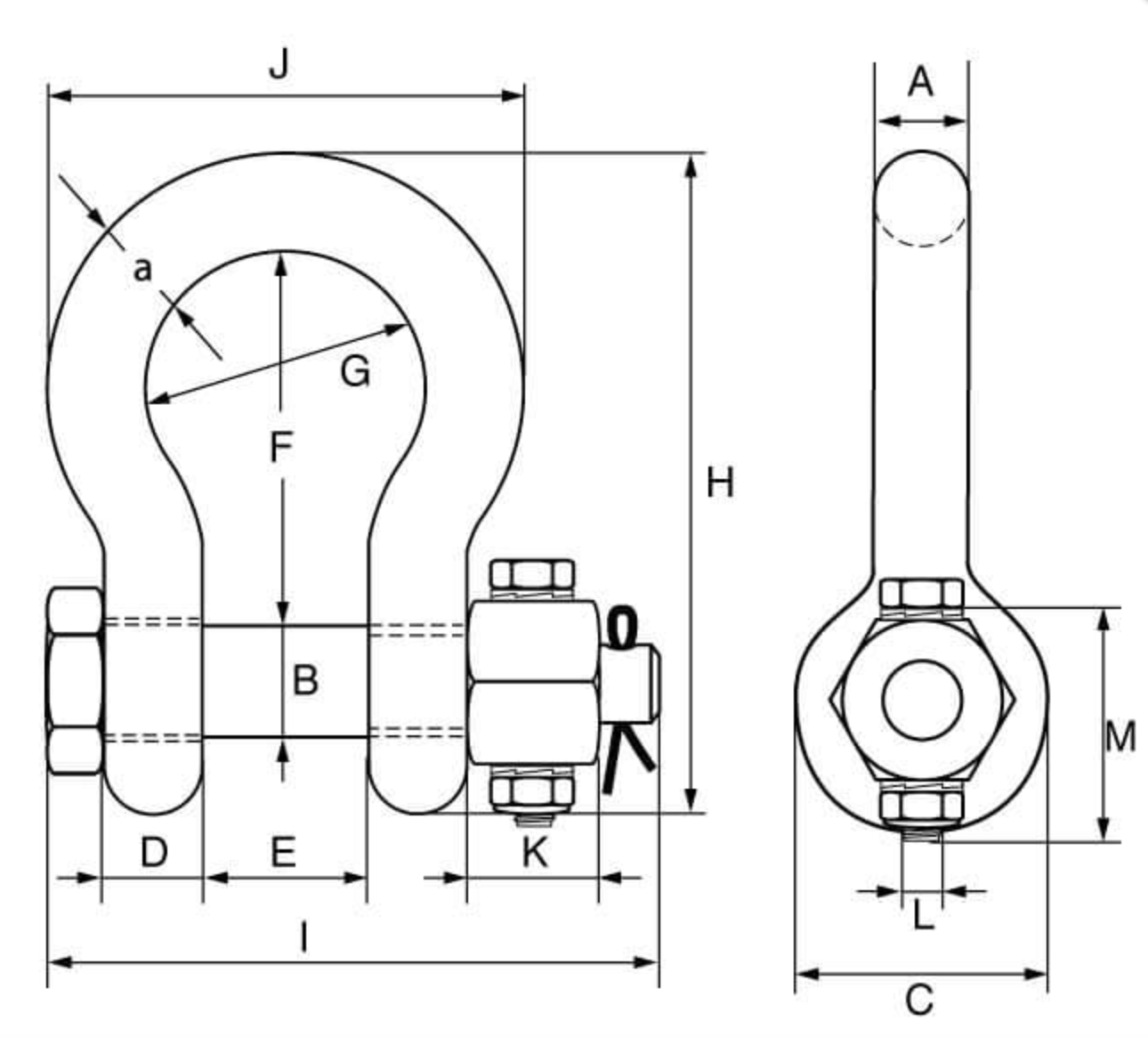 Green Pin Grade 6 Bow Shackle with Fixed Nut Safety Pin Main Dimensions
