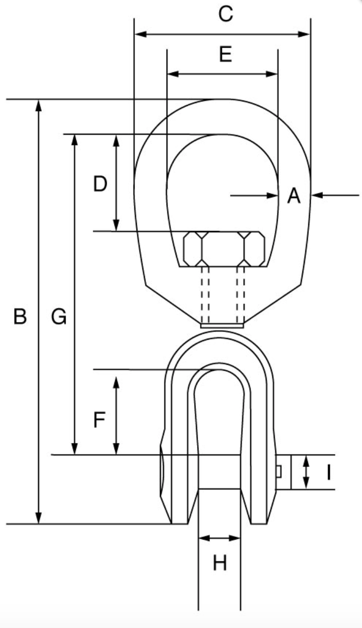 Green Pin Swivel Eye/Jaw Main Dimensions from RiggingUK