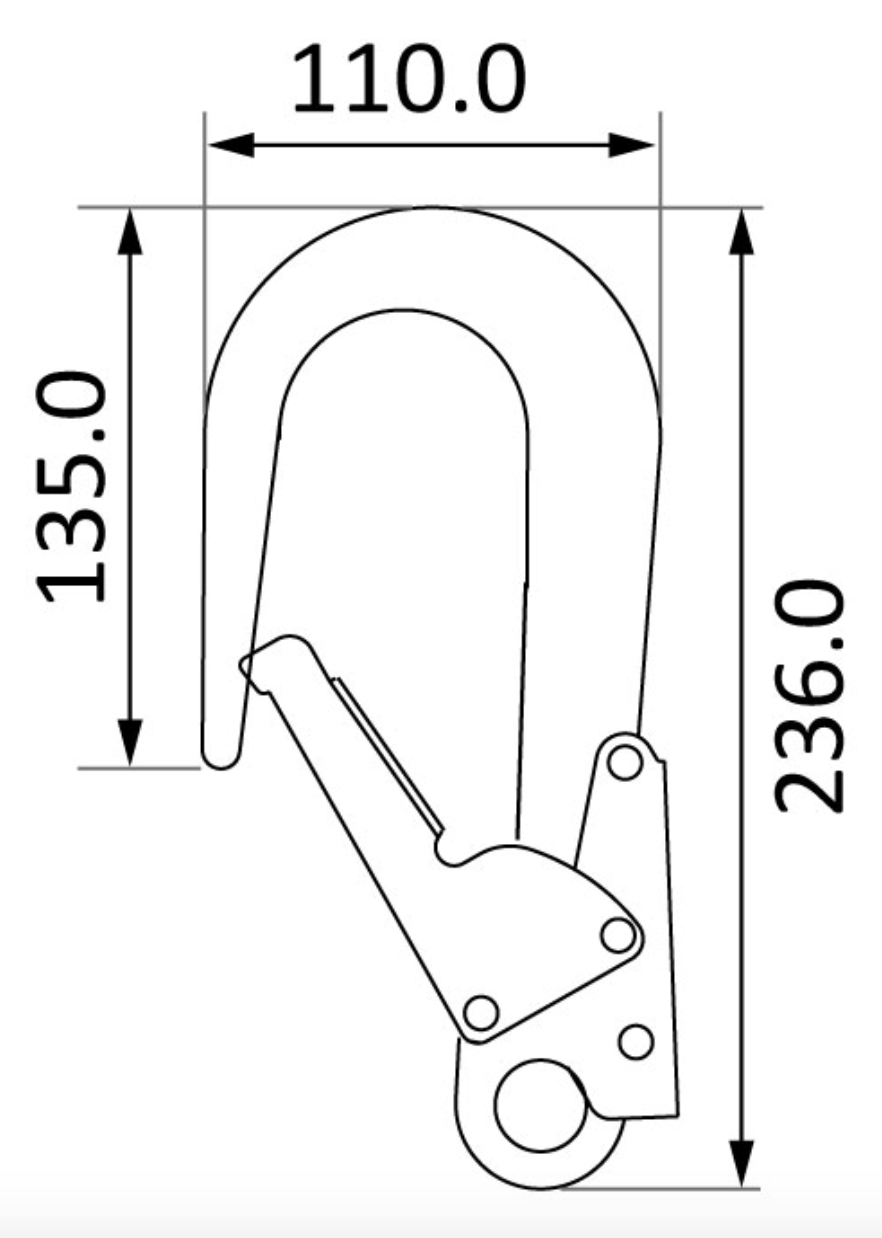 Kratos - Aluminium Double Action Scaffold Hook (Green) Main Dimensions from RiggingUK