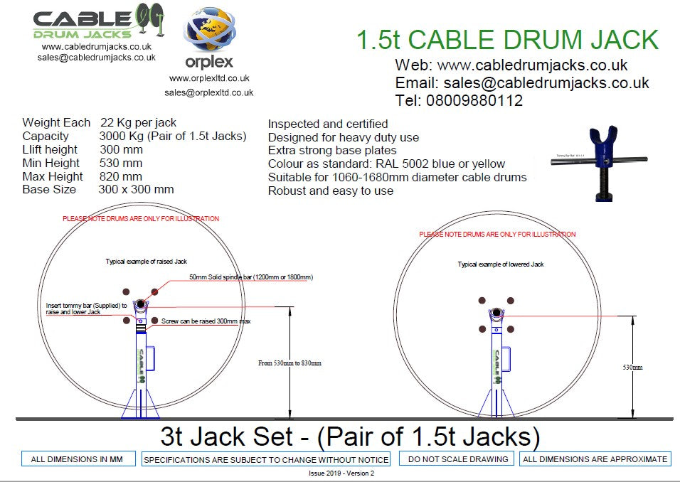 3.0t  Cable Drum Jack Set - Manual Screw Type - from JACKITUP - General Arrangement Drawing