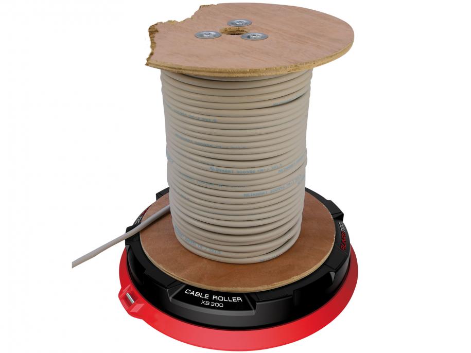 RUNPOTEC Red and Black X BOARD XB 300 Cable Winder + Multi-Function Mandrel Set in use with a damaged drum holding cream cable