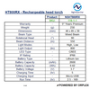 Technical specifications table for NightSearcher HT800RX rechargeable head torch.