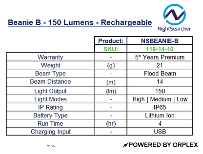 Product specifications table for NightSearcher Beanie B rechargeable head torch.