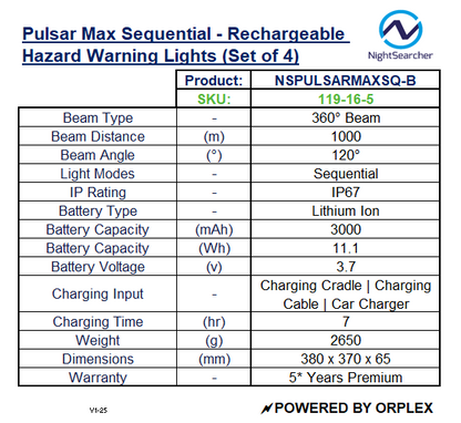 Product specifications table for Nightsearcher Pulsar Max Sequential rechargeable hazard warning lights