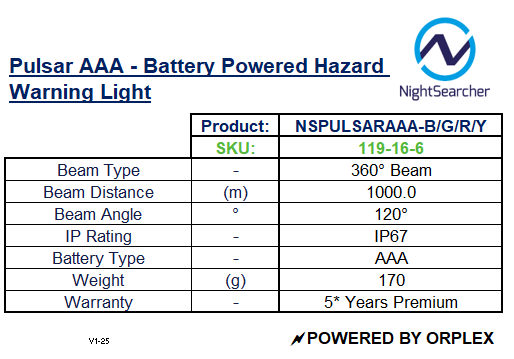 Product specification sheet for NightSearcher Pulsar AAA battery-powered hazard warning light