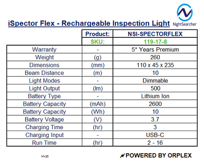 Product specifications table for Nightsearcher iSpector Flex rechargeable inspection light