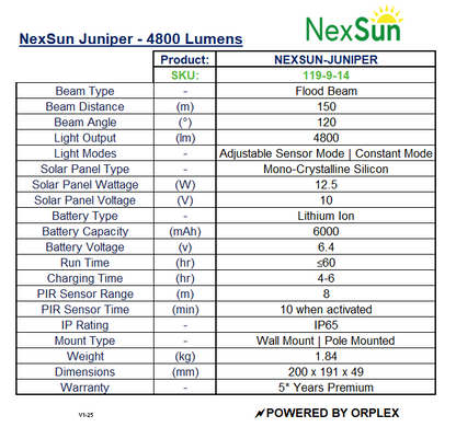 Product specifications table for NexSun Juniper Solar Floodlight