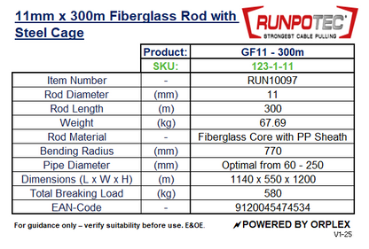 Product Specifications Table for RUNPOTEC GF11 Yellow Fiberglass Rod Ø11mm x 300m with Steel Reel