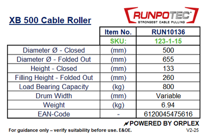 Technical Specifications Table for RUNPOTEC XB500 Cable WInder/Unwinder