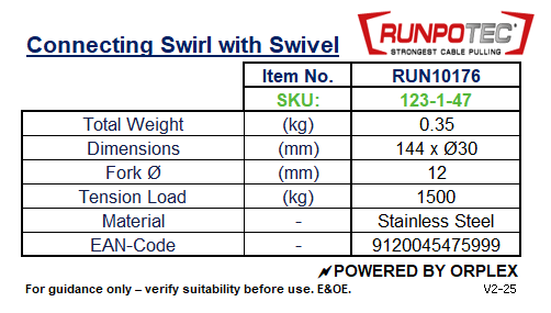 Technical specifications table for RUNPOTEC Connecting Swirl with Swivel
