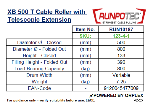 Table of Specifications for XB 500 T Cable Roller with Telescopic Extension