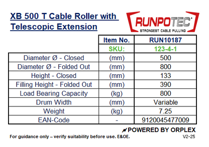 Table of Specifications for XB 500 T Cable Roller with Telescopic Extension