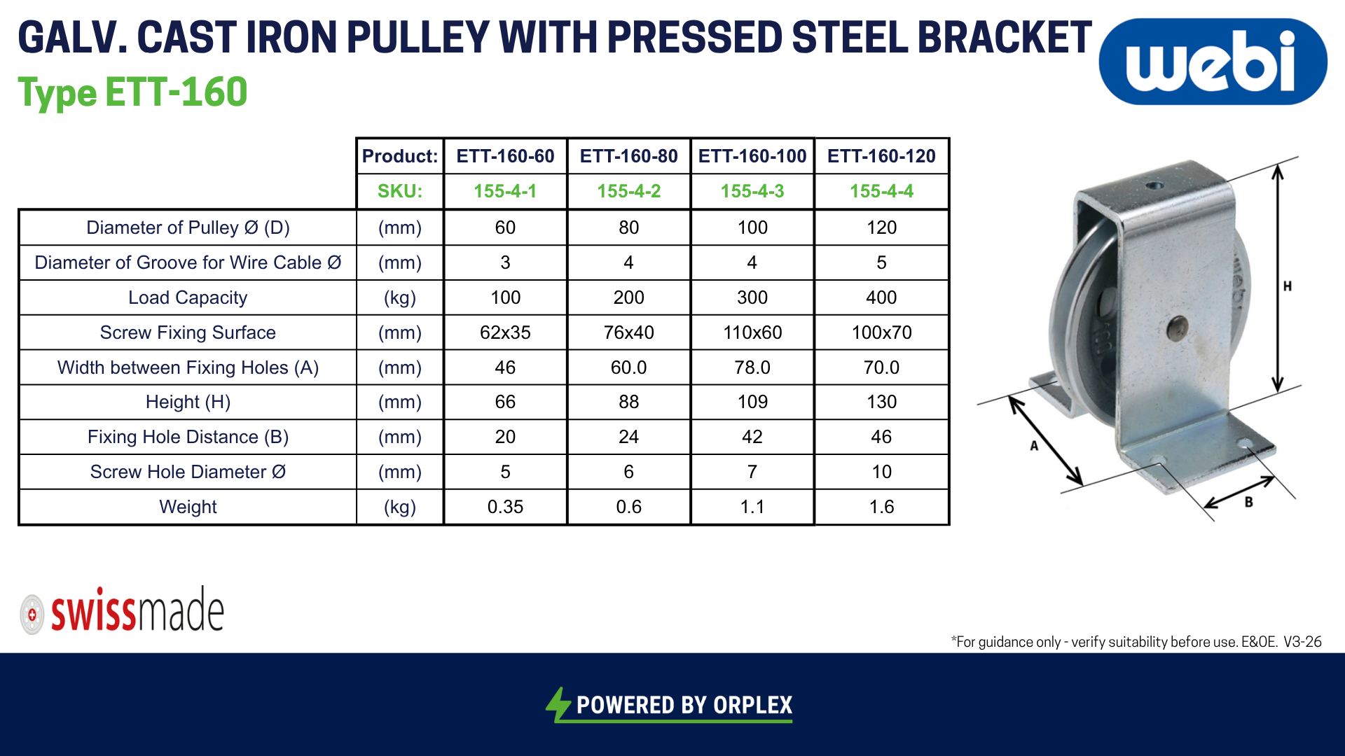 Technical specifications table with diagram showing dimensions for WEBI Galvanised cast iron pulley with pressed steel bracket, Type ETT-160