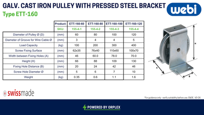 Technical specifications table with diagram showing dimensions for WEBI Galvanised cast iron pulley with pressed steel bracket, Type ETT-160