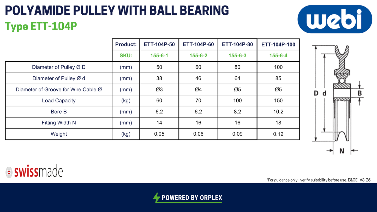 Technical Specifications Table for WEBI Black Polyamide Pulley with ball bearings, Type ETT-104P