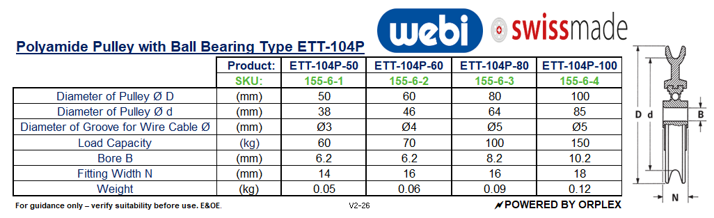 Technical Specifications Table for WEBI Black Polyamide Pulley with ball bearings, Type ETT-104P