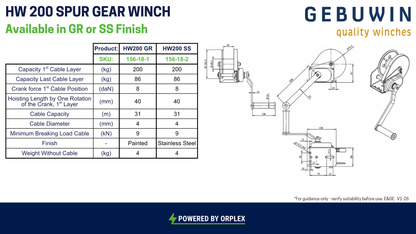 Technical specification sheet for the Gebuwin HW 200 Spur Gear Winch
 alongside labelled line drawings of the winch 