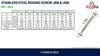 Technical specification table and dimension diagram for stainless steel rigging screw jaw and jaw components